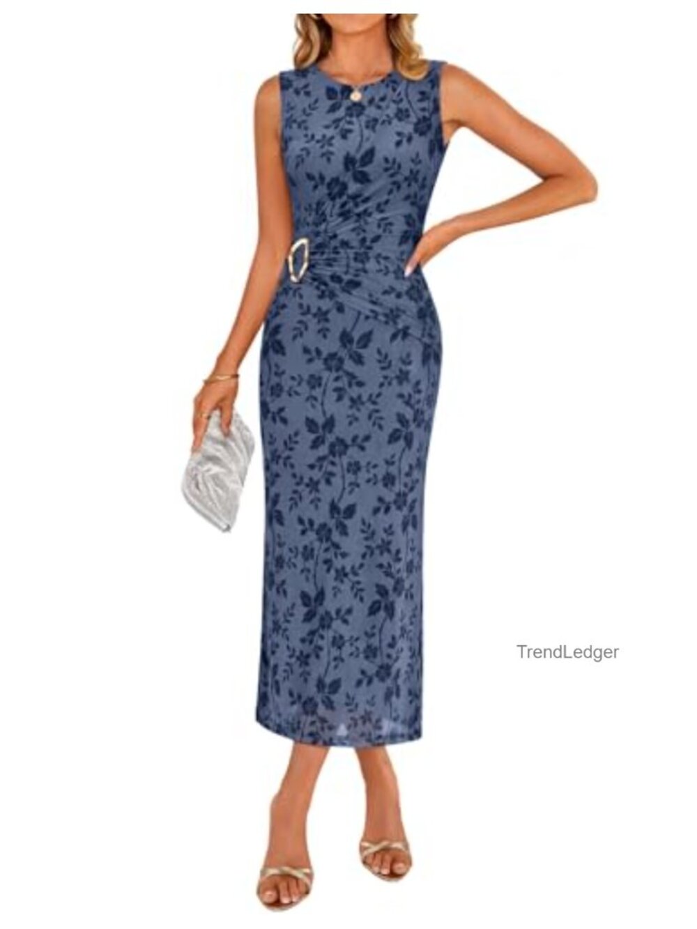 Sleeveless Floral Ruched Bodycon Midi Dress Mesh Summer Party Cocktail